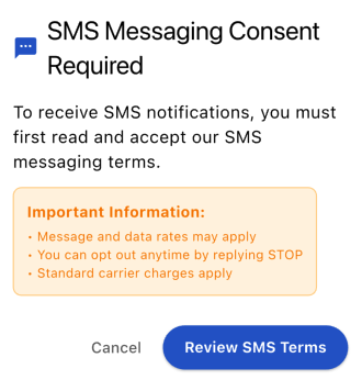 Screenshot showing user enabling SMS notifications with consent confirmation